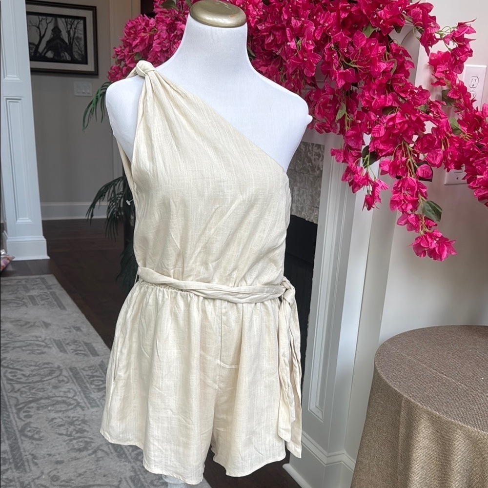 One-Shoulder Linen Blend Cream Romper - Size Large
